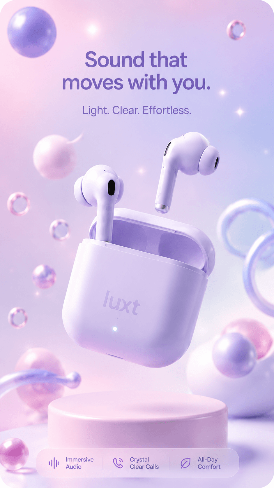 AI generated pastel wireless earbuds product card