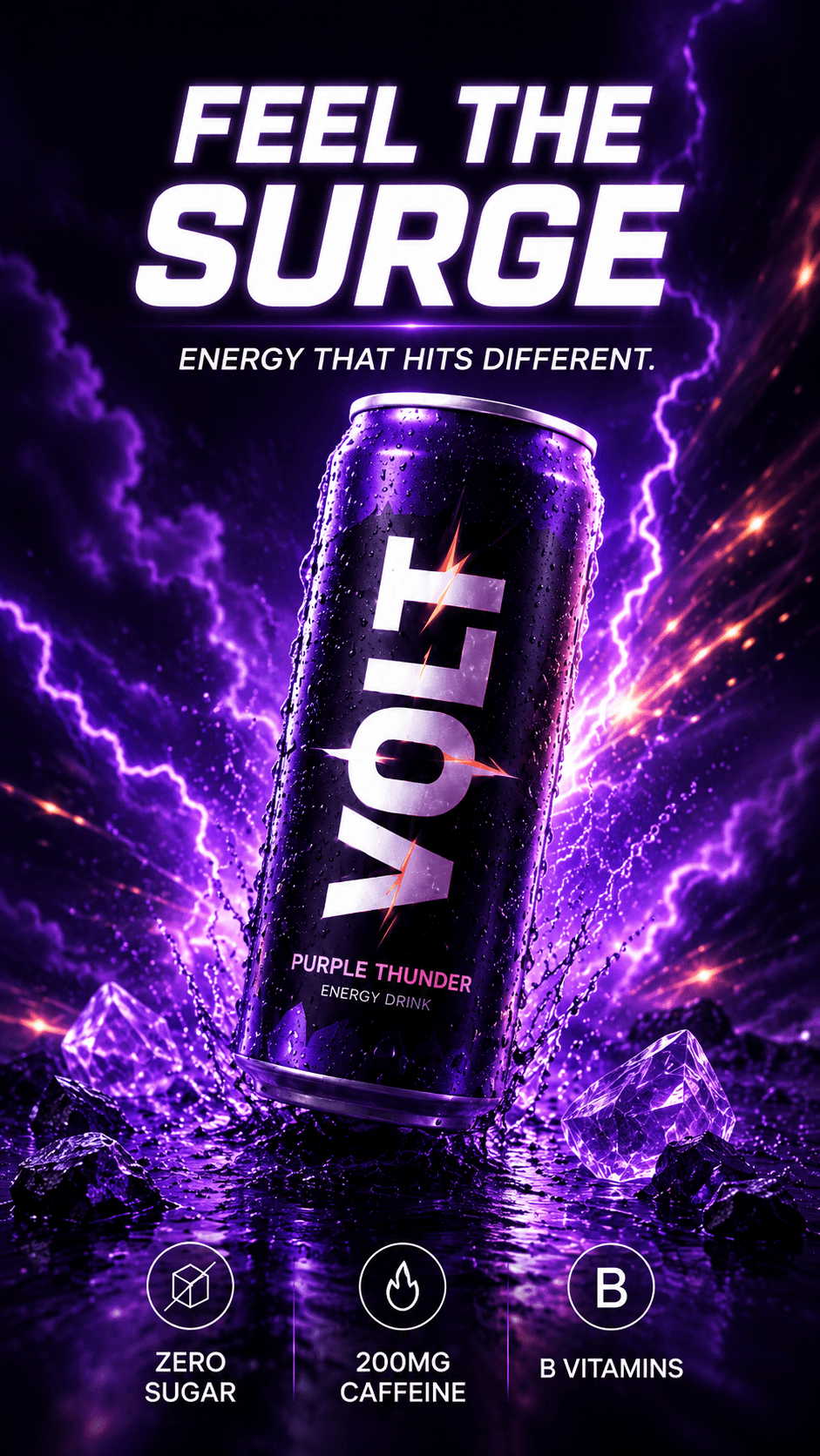 AI generated purple energy drink product ad card