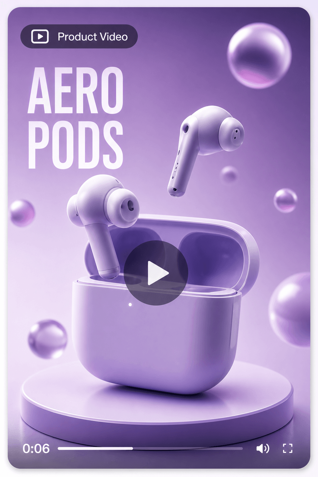 Lavender earbuds product video cover with headline and video controls